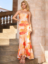 Mesh Floral Print Asymmetrical Hem Ribbon Decoration Tube Dress